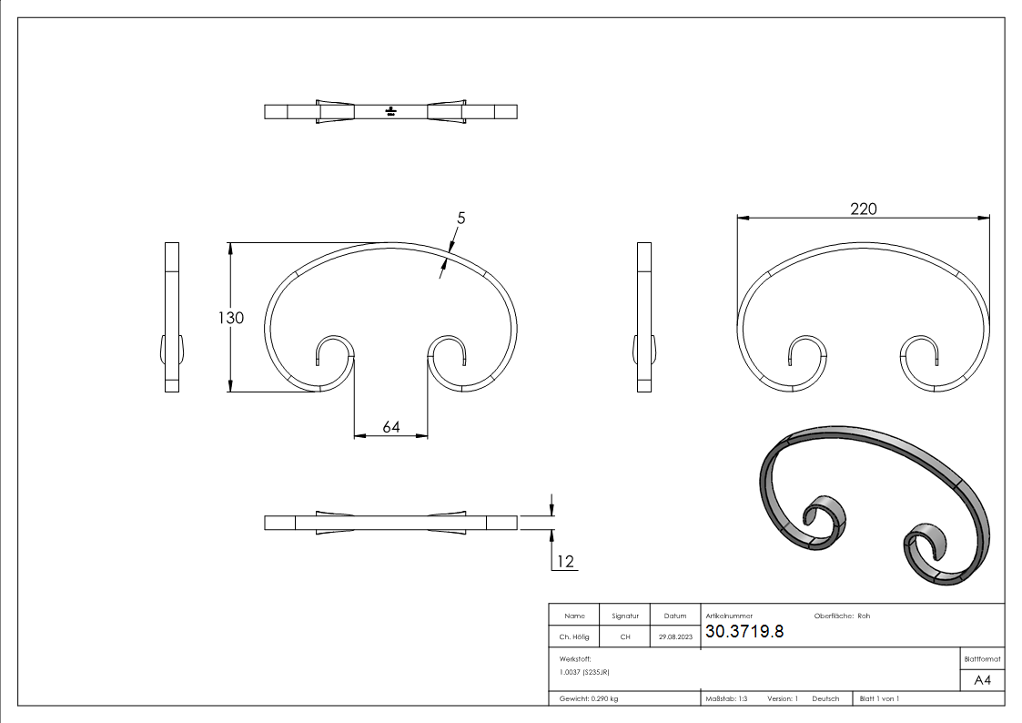 C-Schnecke - Masse- 130x220 mm - Material- 12x5 mm - Stahl S235JR- roh-30-3719.8