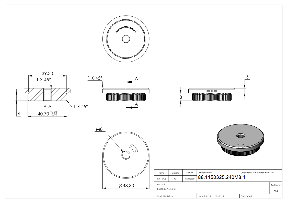 Rohrstopfen, für Rohr 48,3 x 4,0mm, V2A