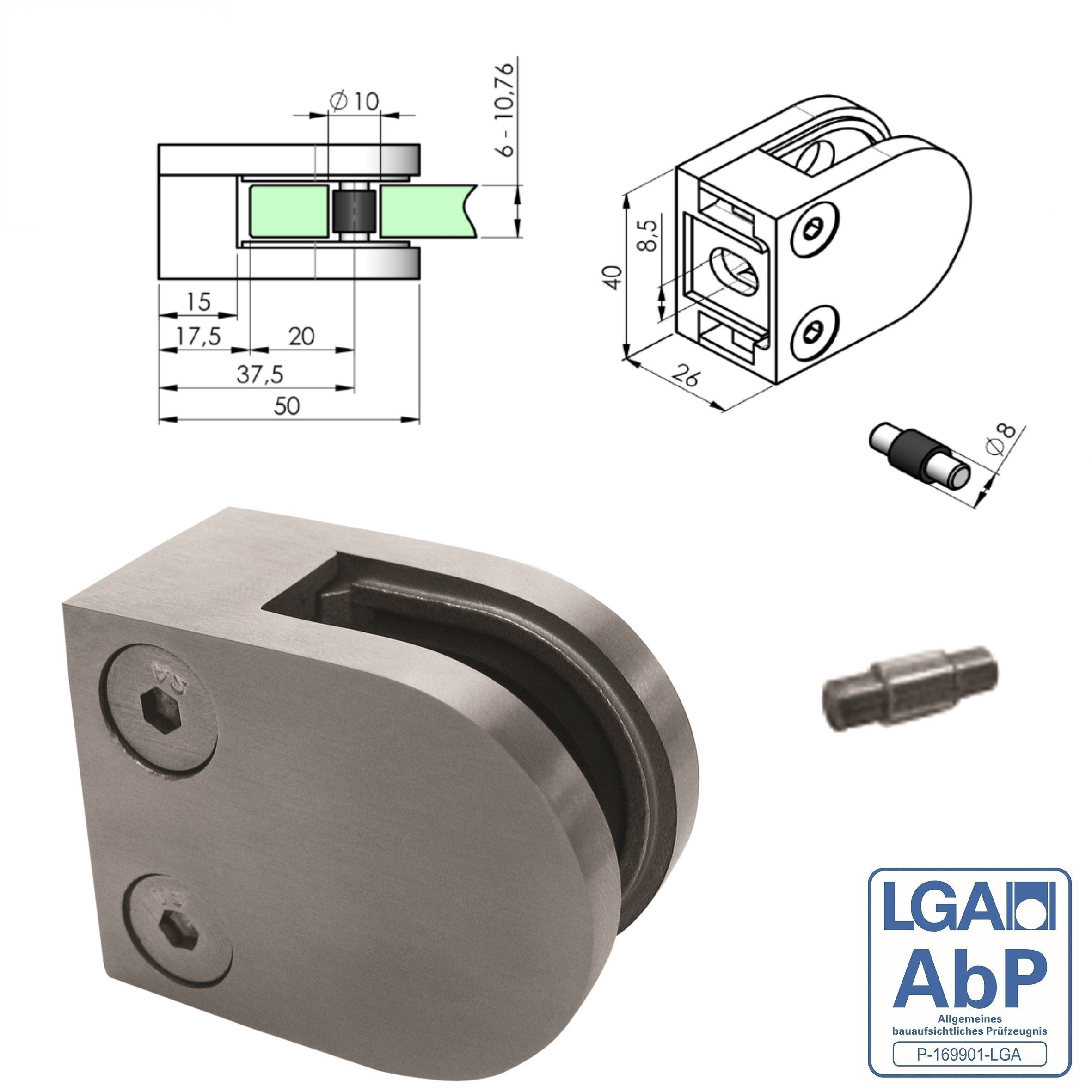 Glasklemme | Maße: 50x40x26 mm | Anschluss flach | V2A 1 Parr Gummis 8,76 mm VSG