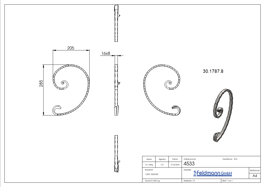 Meisterbarock - Masse- 205x285 mm - Material- 16x8 mm - Stahl S235JR- roh-30-1787.8