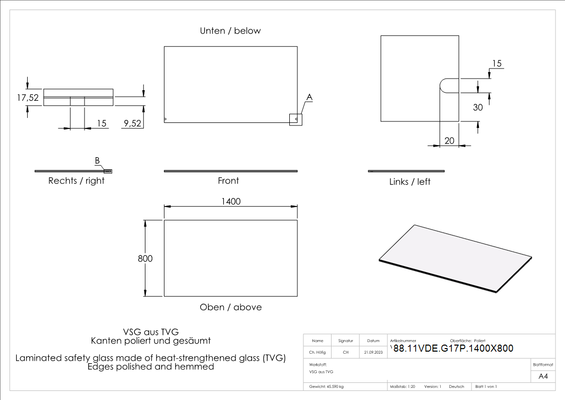 Eleganza canopy Glas- 1400x800mm VSG aus 2x8mm TVG mit 1-52mm PVB-88-11VDE-G17P.1400X800