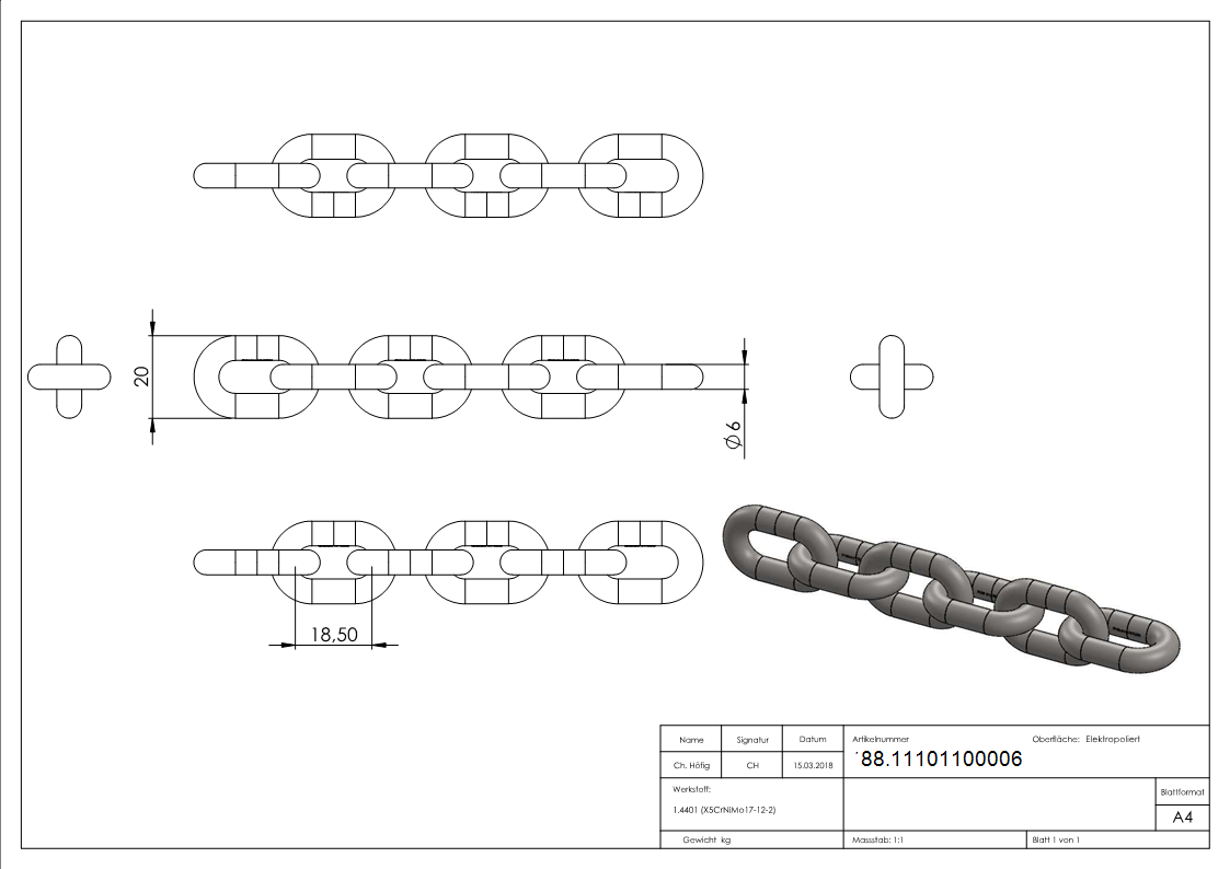 VA-Kette DIN 766, Ø 6mm