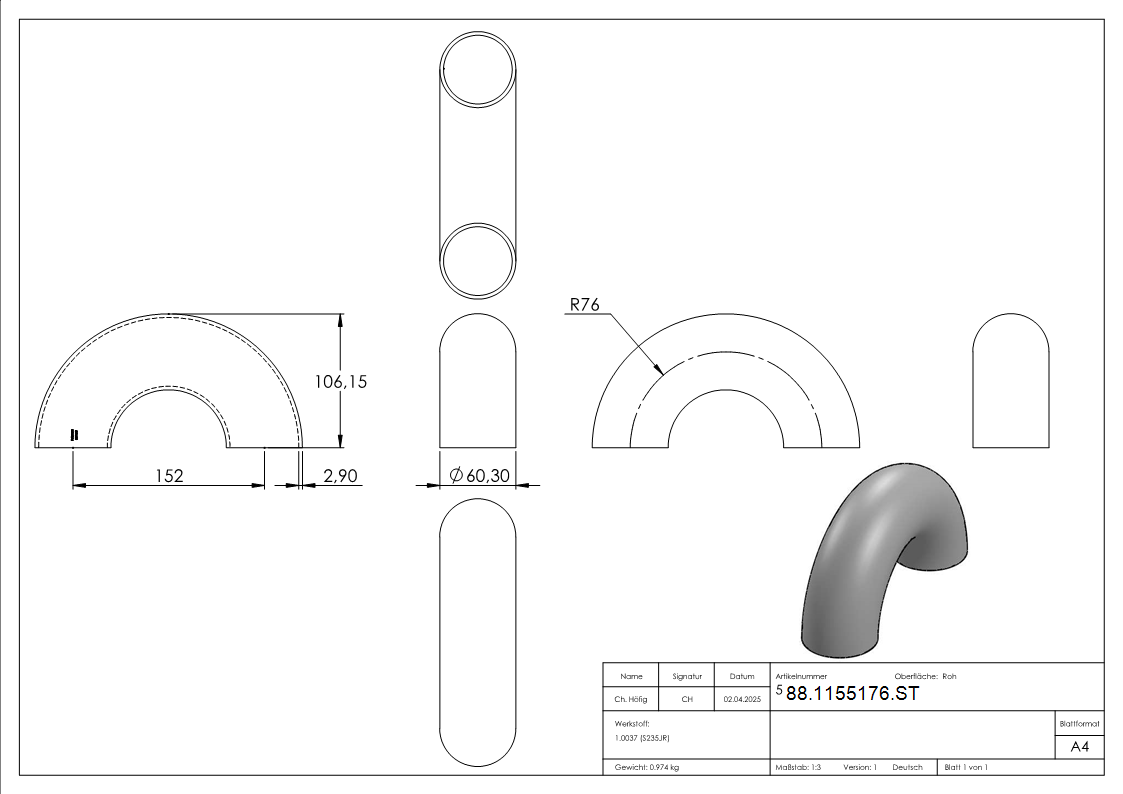Rohrbogen 180° Stahl roh - 60-3 x 2-9 mm -2- - Bauart Ø 3-88-1155176.ST