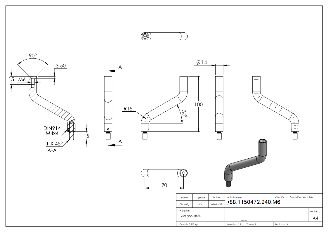Buegel Edelstahl V2A Ø 14 mm- H- 100 mm- Achsabstand- 70 mm- M8-M6- 2x 30° gebogen-88-1150472-240.M6