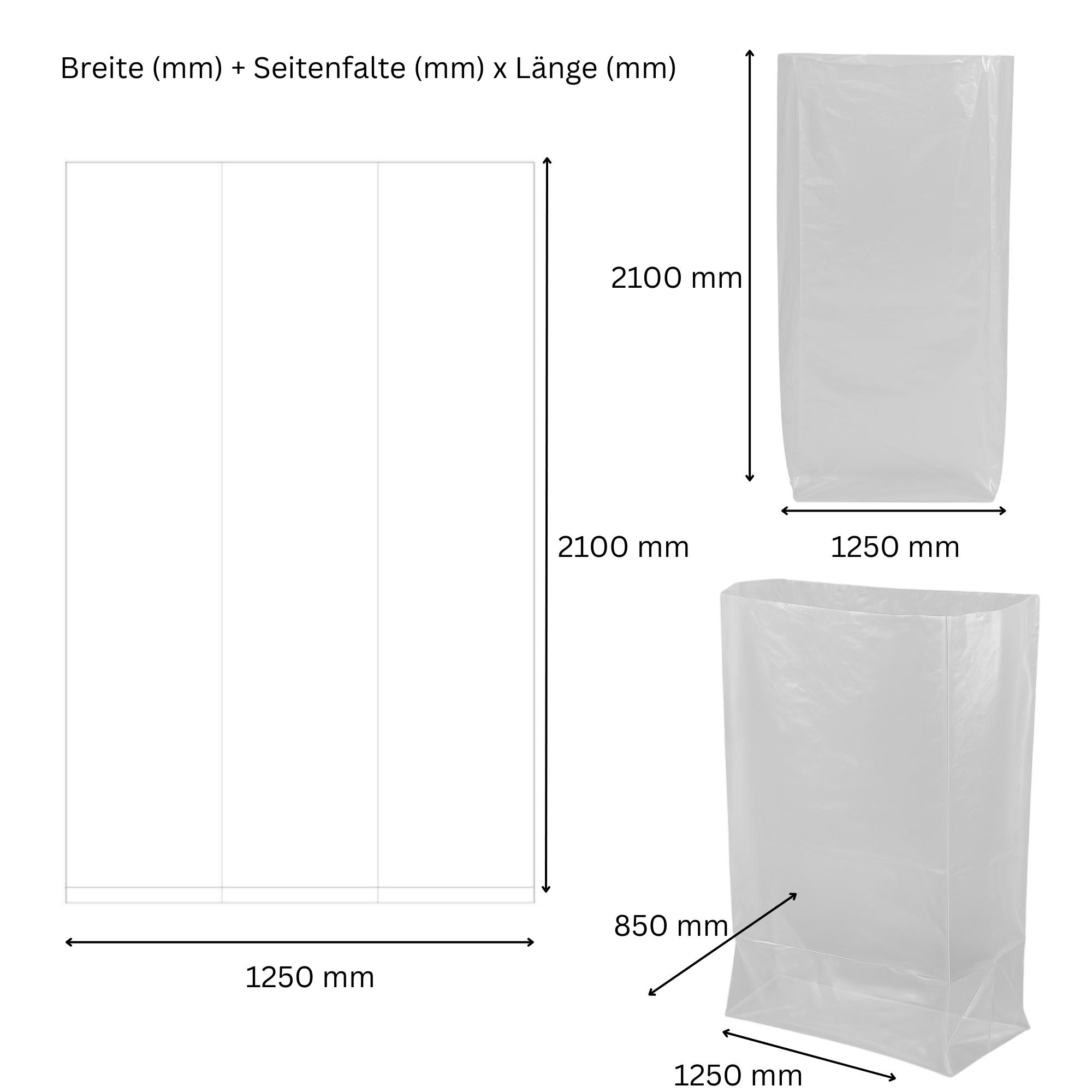 Seitenfaltensäcke 90 µ umweltfreundlich aus Polyethylen (PE) Länge 2100mm Breite 1250mm | 2500 Liter | Anzahl 40
