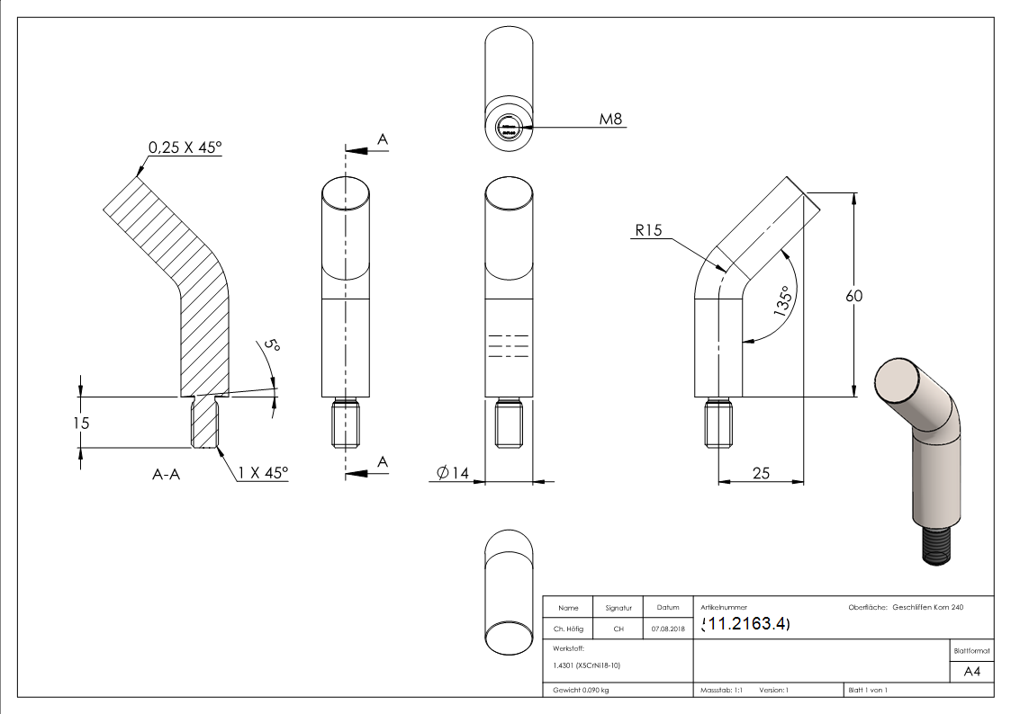 Stift 135° gebogen Maße: 60x14 mm Gewinde: M8x15 mm zum Anschweißen V2A