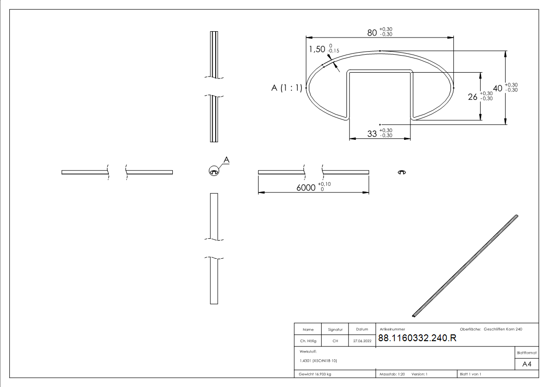 V2A - Ovalnutrohr 80x40x1,5 mm L=6mtr. Edelstahl