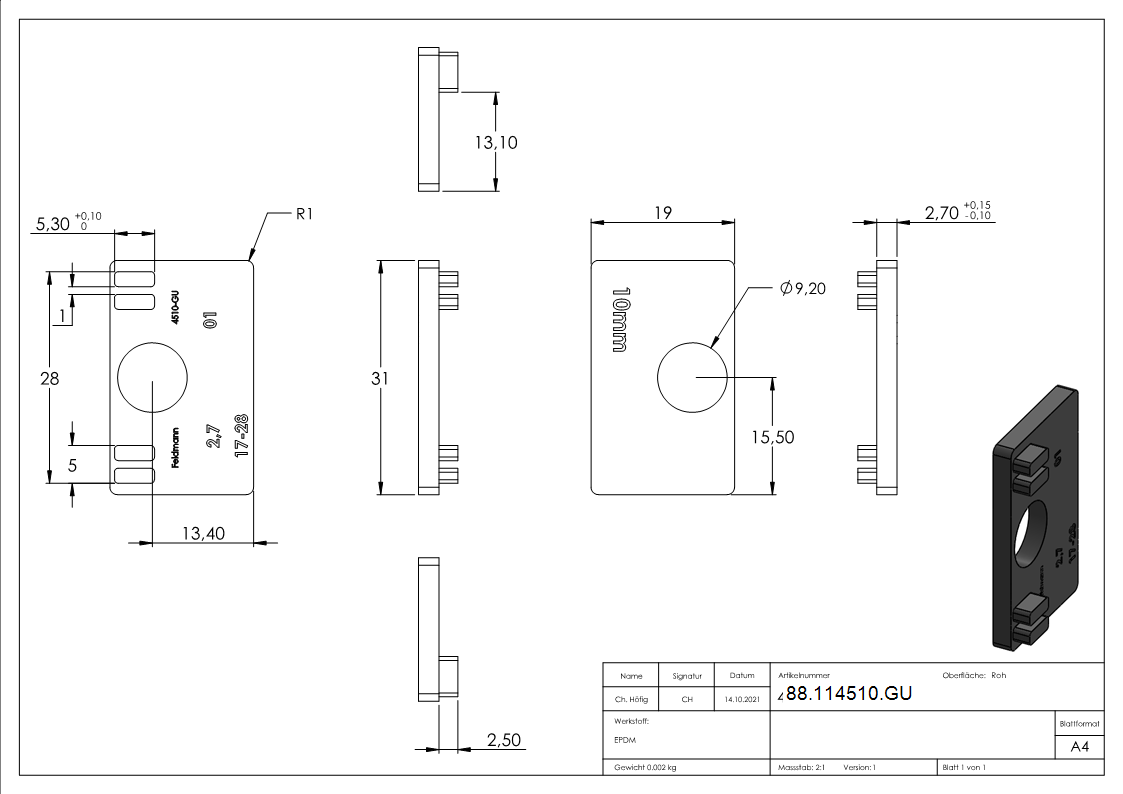 Gummieinlage Gummi fuer Glas 10-00 mm passend fuer Glasklemme Mod- 45-88-114510.GU