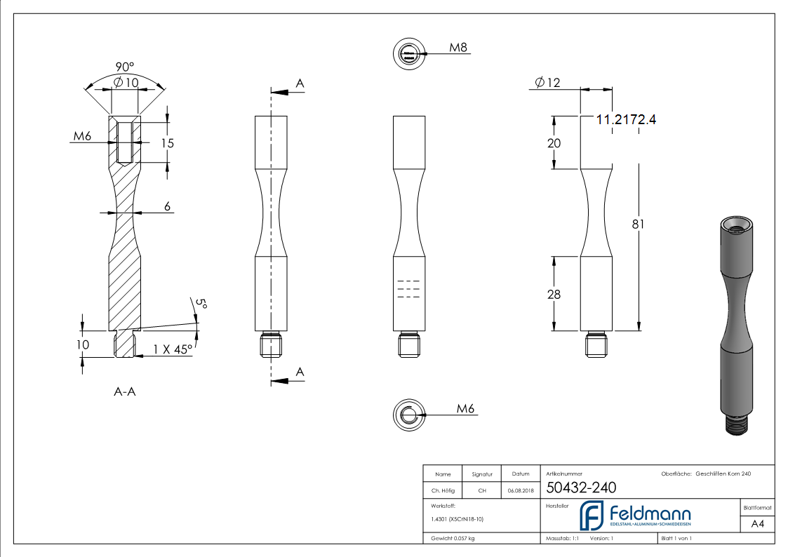 Stift | Maße: 81x12 mm | zum Biegen | mit Außen - und Innengewinde | V2A