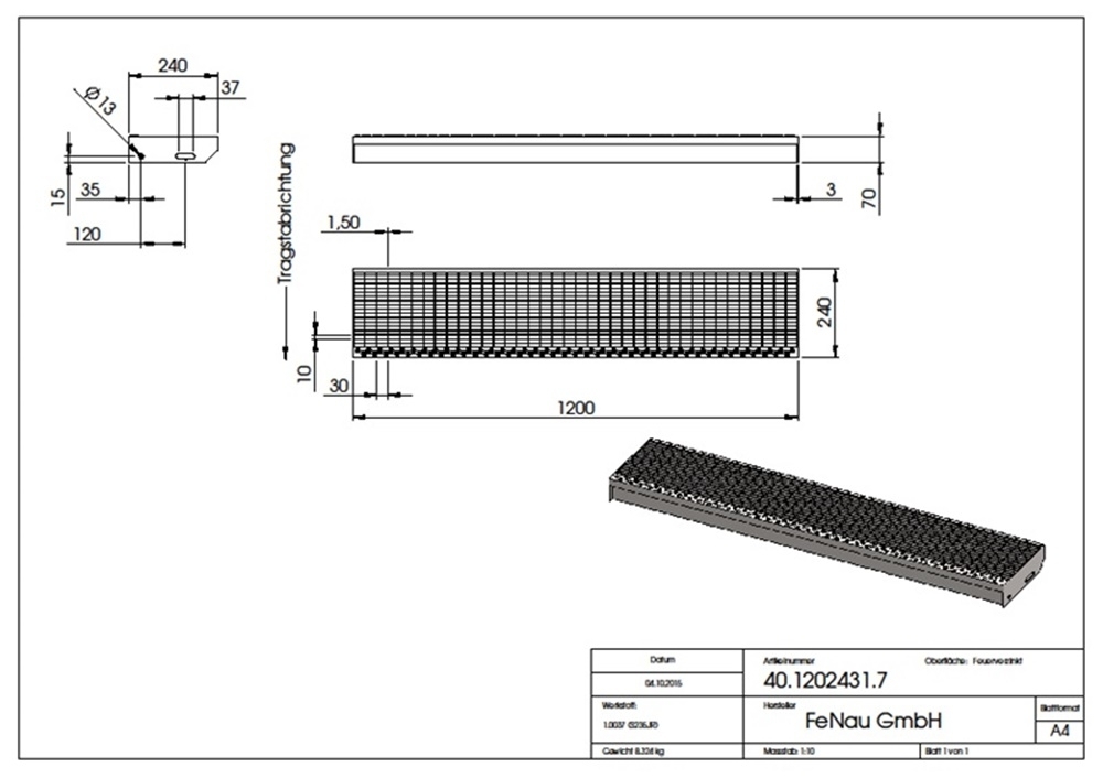 Gitterroststufe Treppenstufe | Maße: 1200x240 mm 30/10 mm | S235JR (St37-2), im Vollbad feuerverzinkt