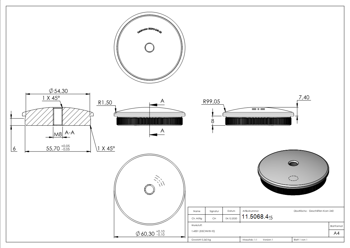 Einsteckkappe V2A Edelstahl fuer Rohr Ø 60-3x2-5 mm mit M8 Gewinde gewoelbt-11-5068.4