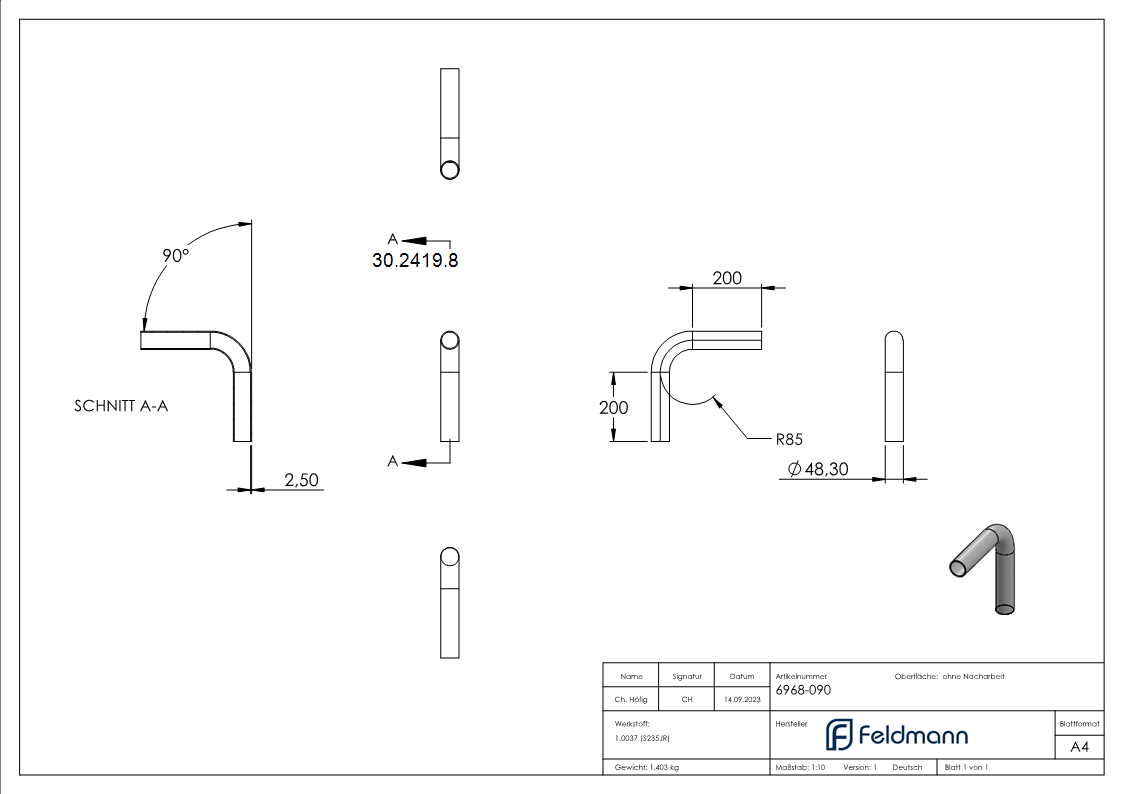 Rohrbogen 90° Stahl roh - 48-3 x 2-5 mm -1 ½- - S235JR-30-2419.8