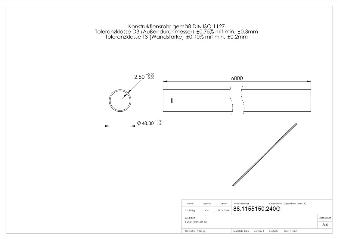 V2A-Rohr Korn 240 48,3 x 2,5mm geglüht