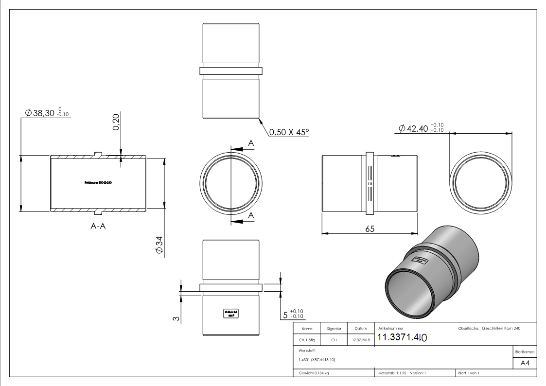 Rohrverbinder V2A Ø 42-4 x 2-0 mm mit Mittelsteg L 65 mm-11-3371.4