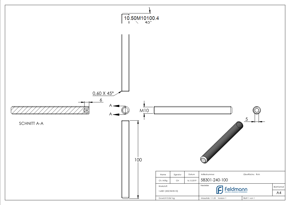 Gewindestift V2A M10x100 Innensechskant Kegelkuppe DIN 913-10-50M10100.4