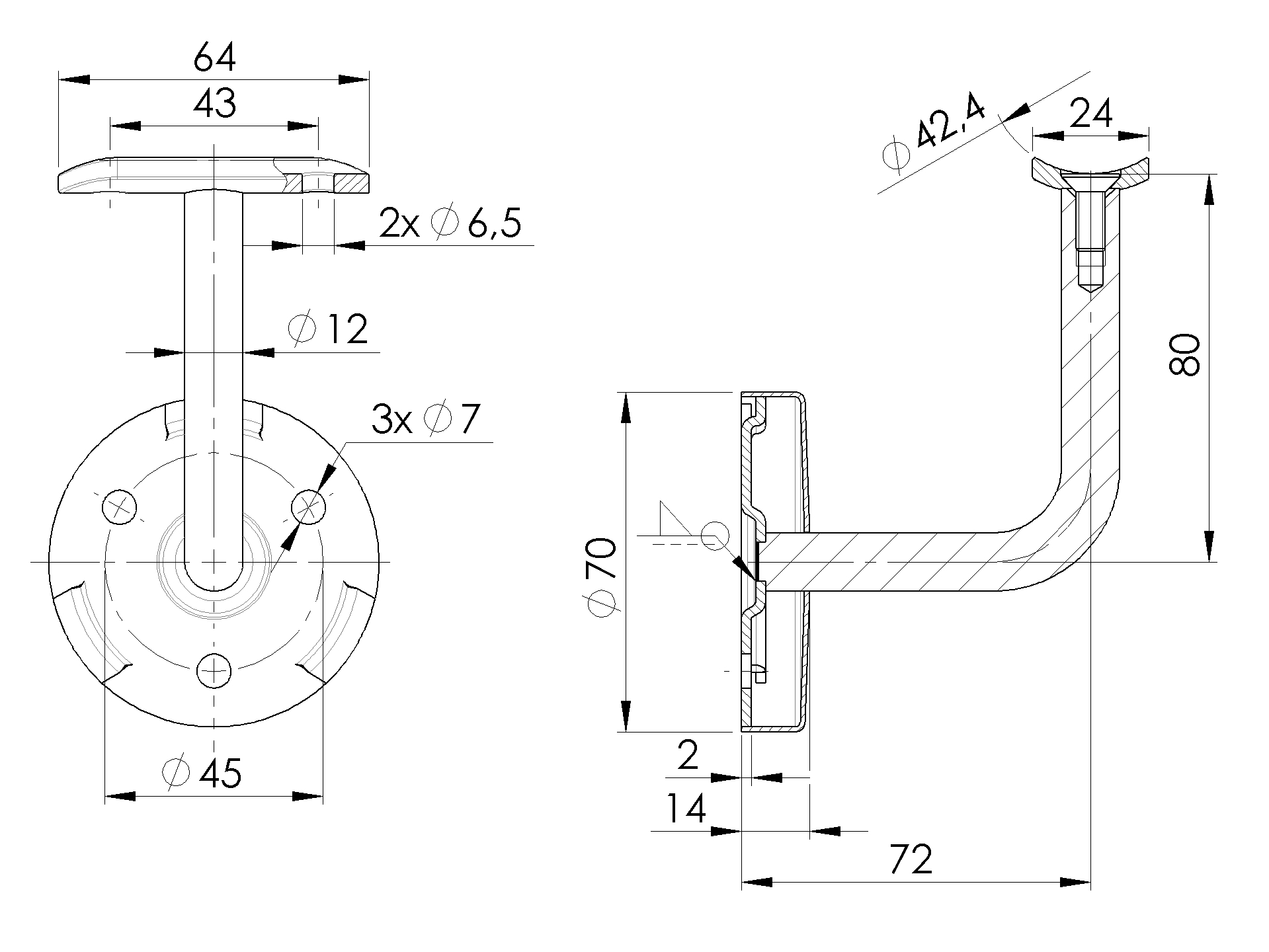 Handlaufhalter aus Edelstahl V2A – für Ø 42,4 mm Handlauf | mit Halteplatte zum Anschrauben