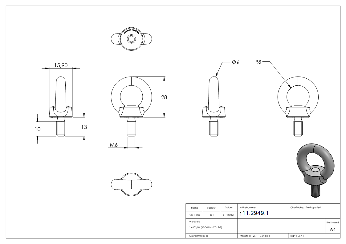 Augenbolzen mit M6 Gewinde V4A-11-2949.1