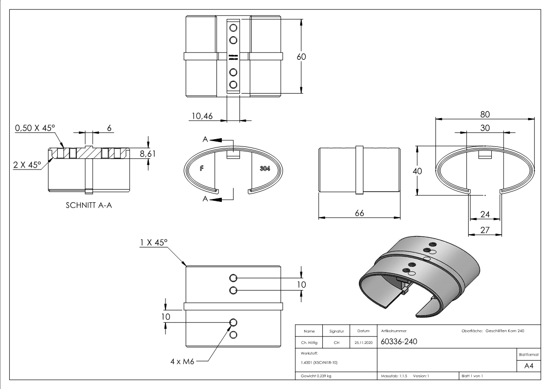 Verbinder | für Oval-Nutrohr: 80x40x1,5 mm | V2A