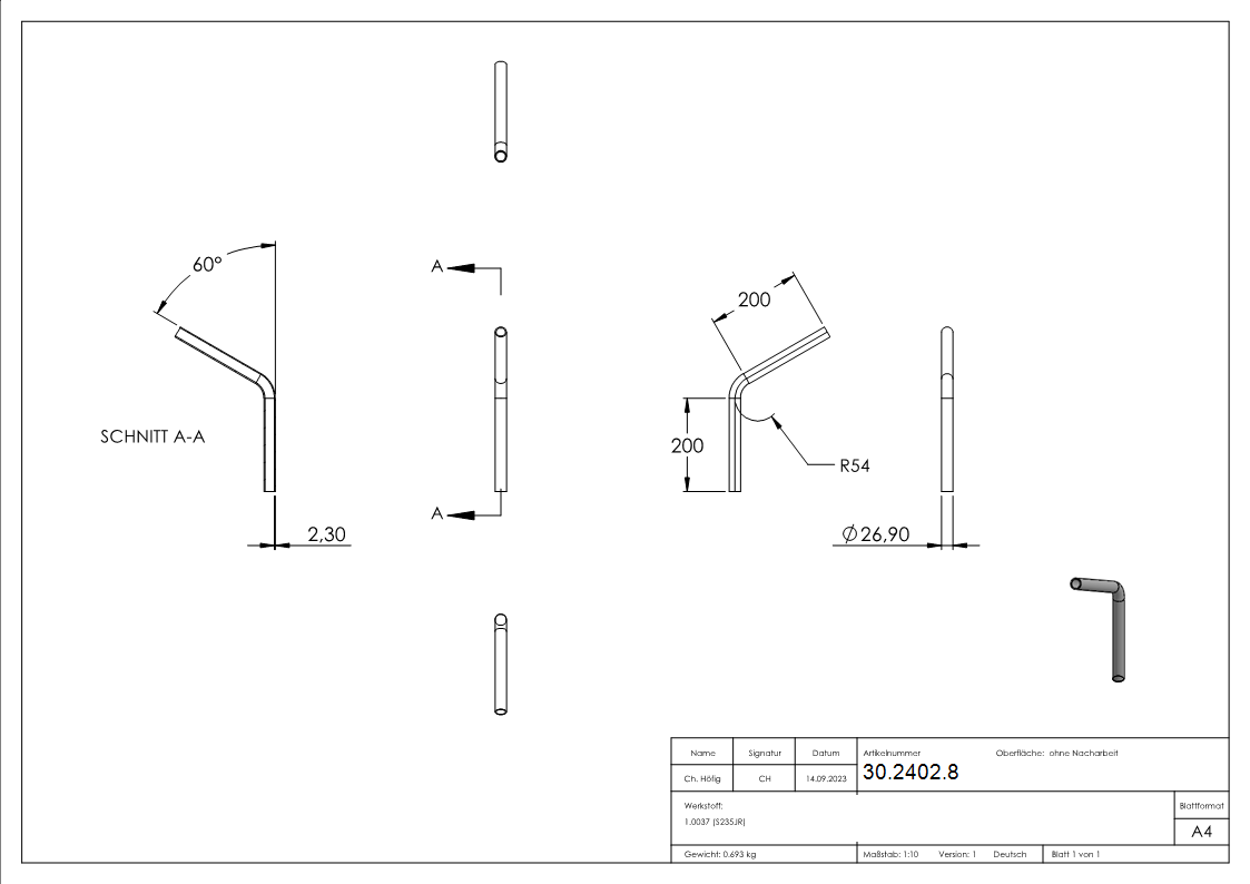 Rohrbogen 60° Stahl roh - 26-9 x 2-0 mm -¾- - S235JR-30-2402.8