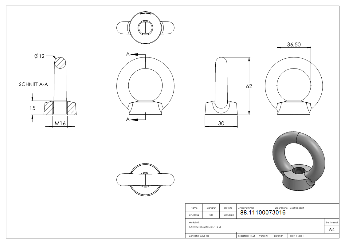 Ringmutter Edelstahl V4A M16 Rundeisen 16 mm DIN 582-88.11100073016