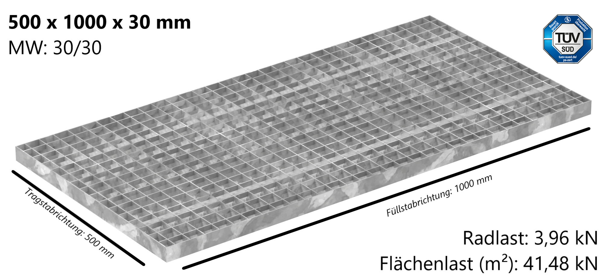 Industrie-Gitterrost | Maße: 500x1000x30 mm; MW 30/30 mm; 30/2 mm | S235JR (St37-2), im Vollbad feuerverzinkt