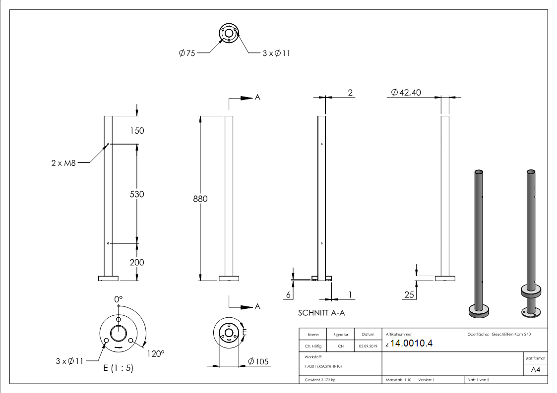 Geländerpfosten | für 2 Glasklemmen M8 | Länge: 880 mm | V2A