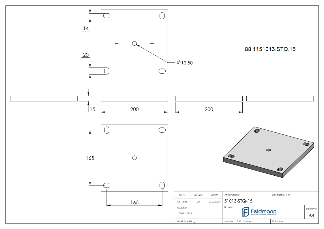 Ankerplatte 200 x 200 x 15 mm 5 Bohrungen |  Stahl roh