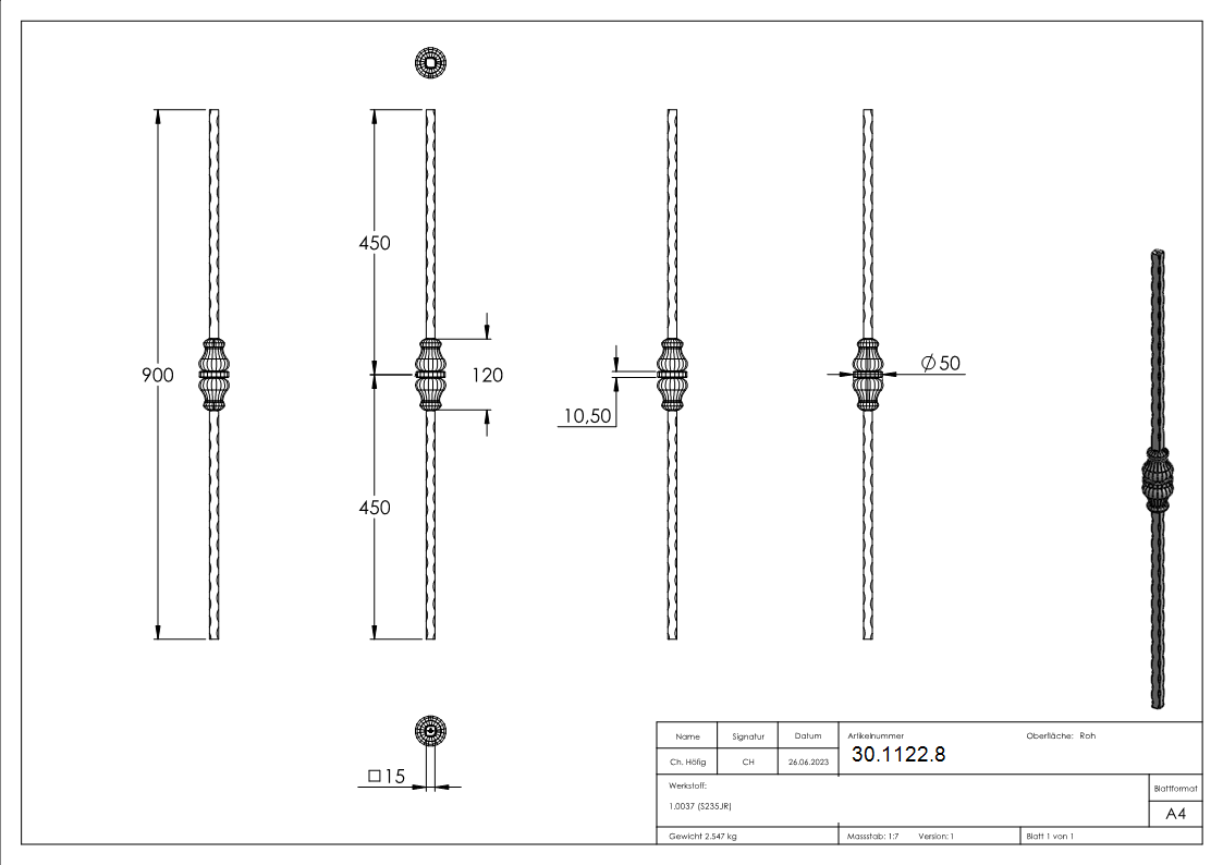 Zierstab | Länge: 900 mm | Material: 15x15 mm gehämmert | Stahl S235JR, roh