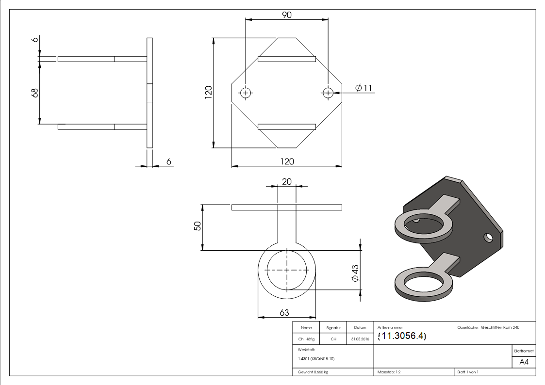 Wandbefestigung für Rundrohr Ø 42,4 mm V2A