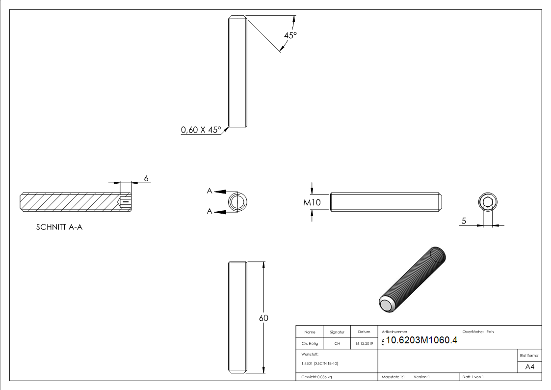 Gewindestift V2A M10x60 Innensechskant Kegelkuppe DIN 913-10-6203M1060.4