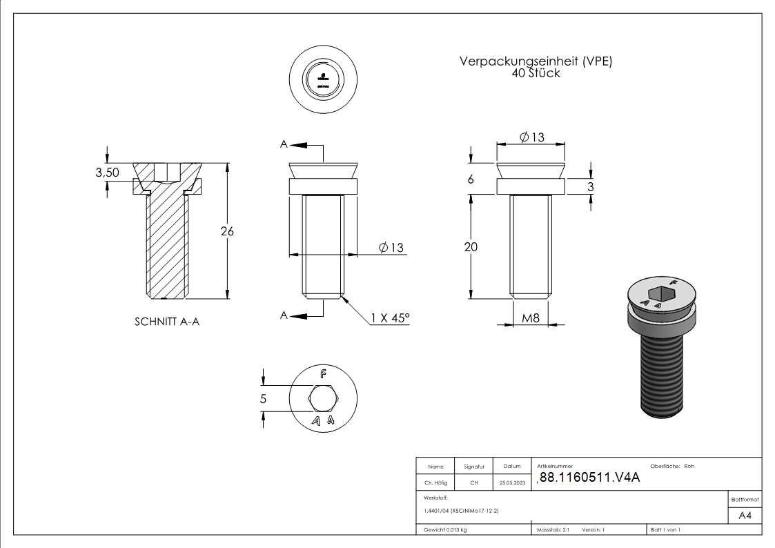 Zylinderkopfschraube V4A M8 x 20 Innensechskant mit Schraubensicherung-88-1160511.V4A