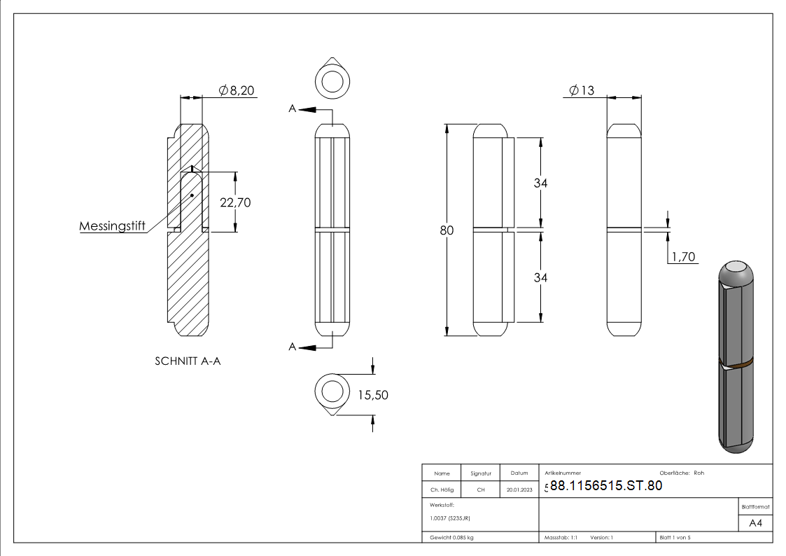 Anschweissband Stahl roh L 80 mm Rollen-Ø 13 mm Stift-Ø 8 mm Messingring-88-1156515-ST.80