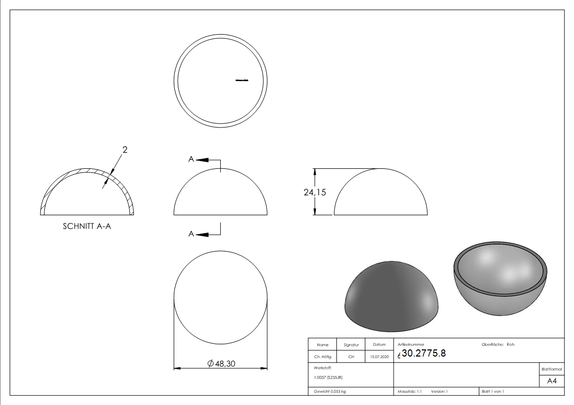 Halbhohlkugel Ø 48 mm | glatt | Stahl S235JR, roh