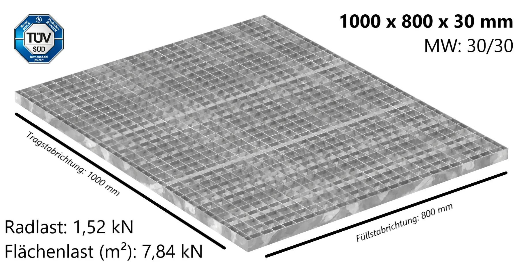 Industrie-Gitterrost - Masse- 1000x800x30 mm; MW 30-30 mm; 30-2 mm - S235JR -St37-2- im Vollbad feuerverzinkt-21-1008030302.7