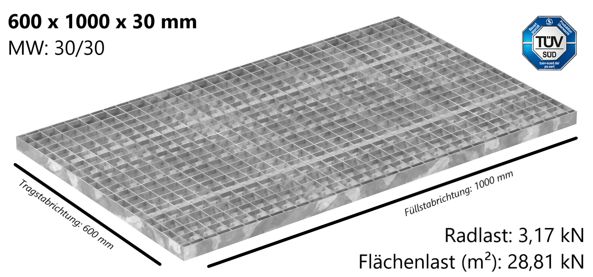 Industrie-Gitterrost | Maße: 600x1000x30 mm; MW 30/30 mm; 30/2 mm | S235JR (St37-2), im Vollbad feuerverzinkt