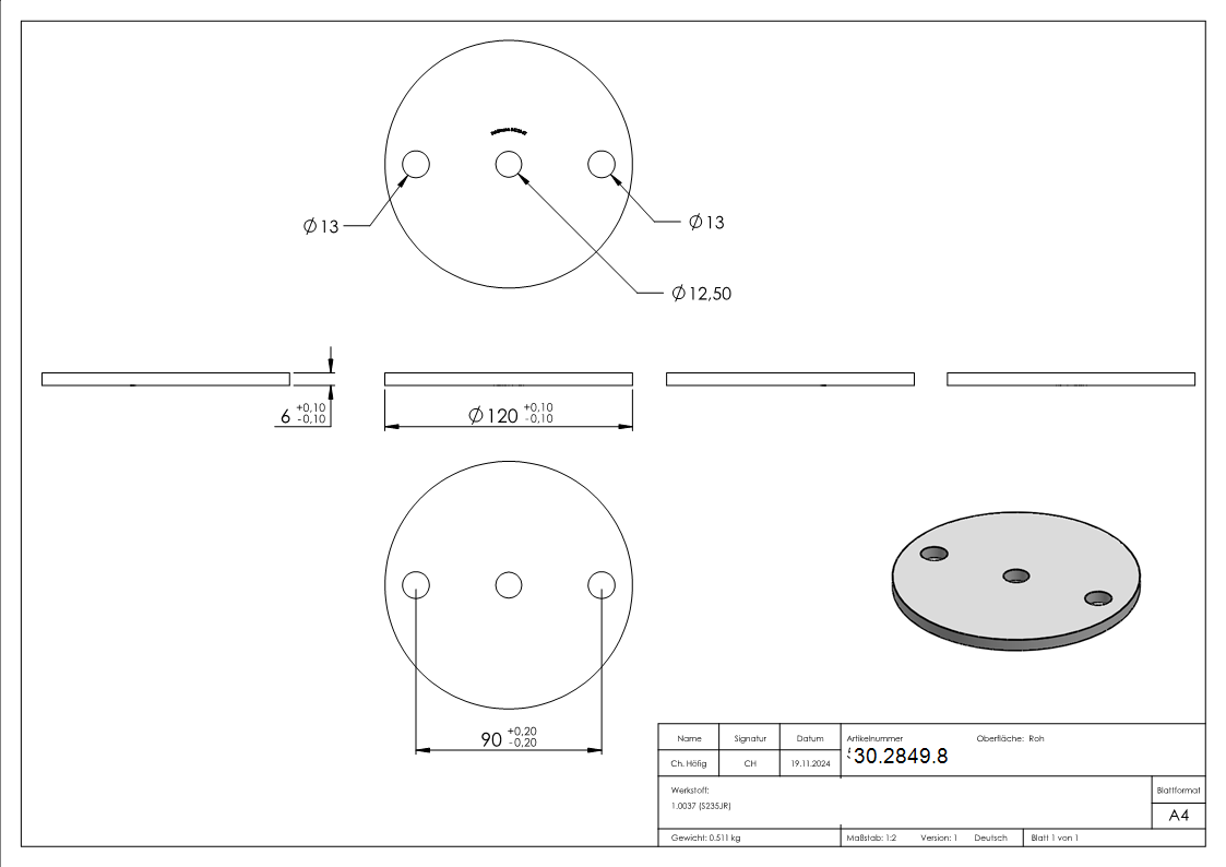 Ankerplatte 120x6 mm 3 Bohrungen |  Stahl roh