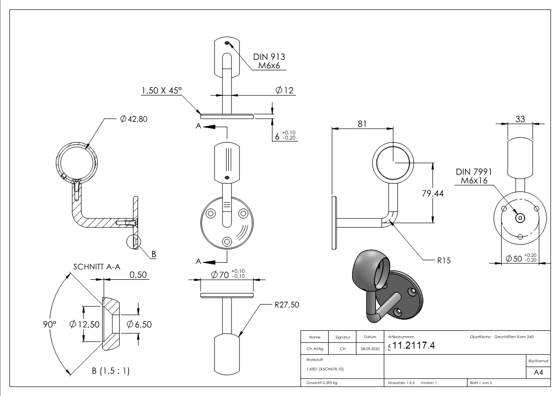 Handlaufhalter mit Kugelring für Rundrohr Ø 42,4 mm V2A