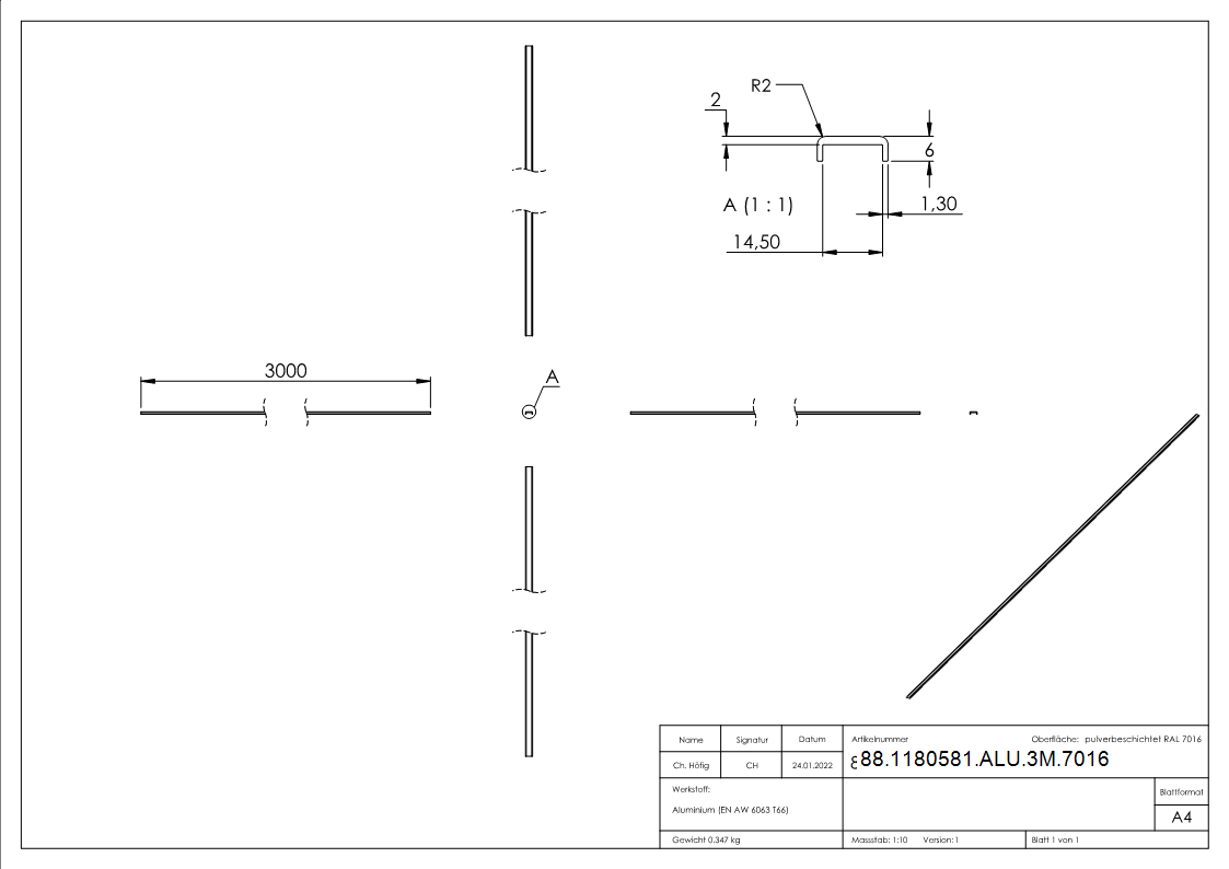 Kantenschutz EXTRA SLIM, für Glas 12,00 - 13,52mm, L=3m, Aluminium RAL 7016