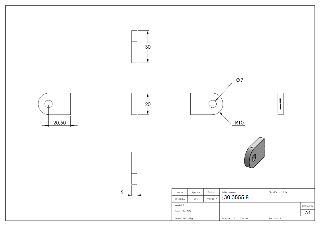 Anschweisslasche - Masse- 30x20x5 mm - Rundloch- Ø 7 mm - Stahl -roh- S235JR-30-3555.8
