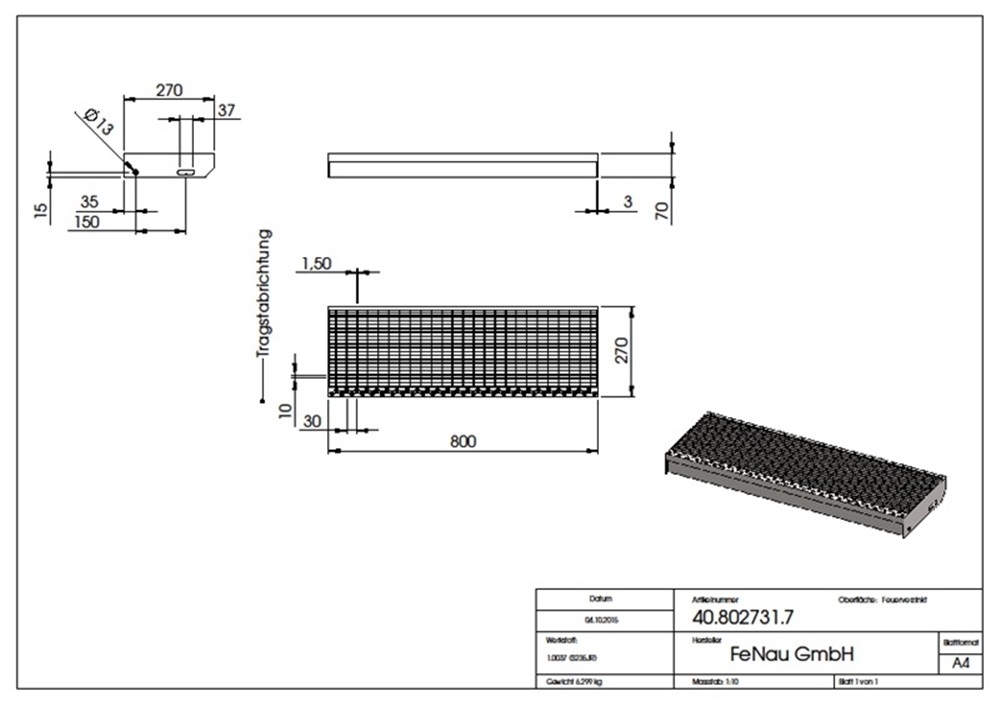 Gitterroststufe Treppenstufe | Maße: 800x270 mm 30/10 mm | S235JR (St37-2), im Vollbad feuerverzinkt