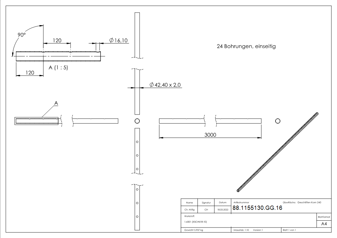 Edelstahlrohr 42,4 x 2,0mm, mit einseitiger Lochung 16,1mm, Länge: 3m Edelstahl