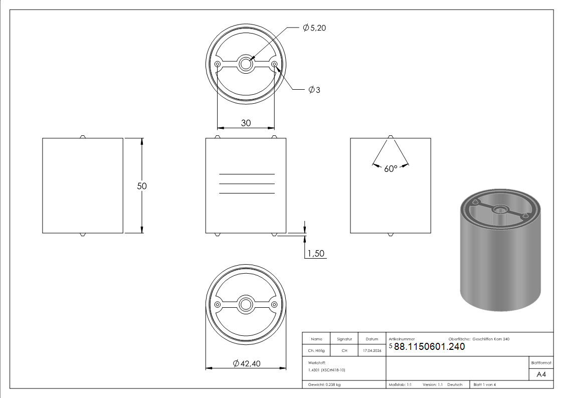 Holzhandlaufverbinder Edelstahl V2A Ø 42-4 mm geschliffen inkl- 2 Adapter-88-1150601.240