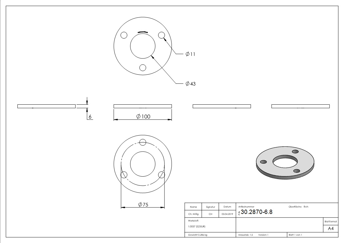 Ankerplatte 100x6 mm 4 Bohrungen |  Stahl roh