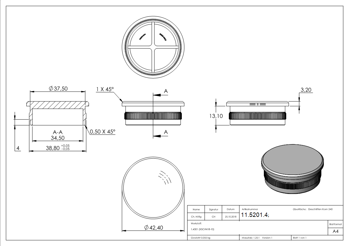 Rohrstopfen fuer Ø 42-4x2-0 mm flach zum Einschlagen V2A-11-5201.4