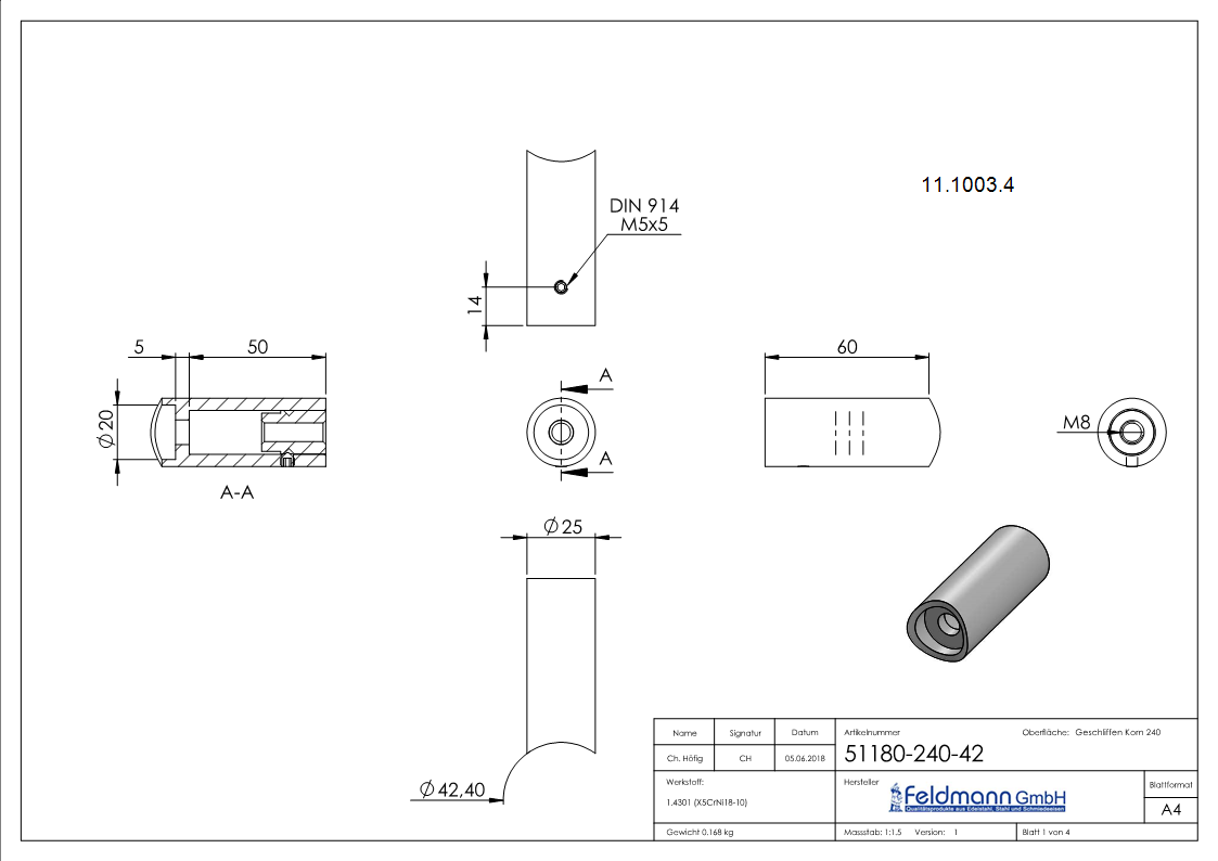 V2A Rohrabstandshalter für Stoßgriffe für Ø 42,4 mm