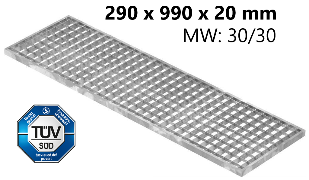 Lichtschachtrost Baunormrost | Maße:  290x990x20 mm 30/30 mm | aus S235JR (St37-2), im Vollbad feuerverzinkt