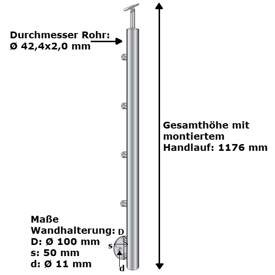 Geländerpfosten | Treppenpfosten| Länge: 900 mm | für seitliche Montage | V2A