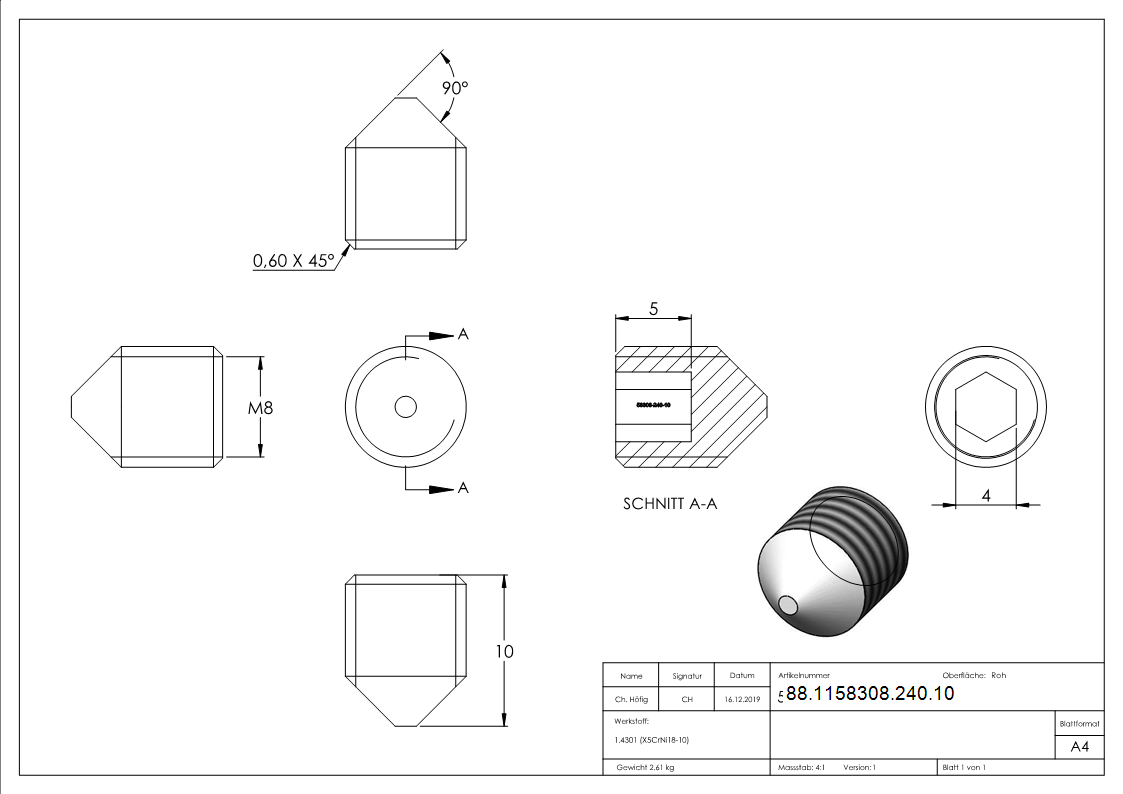 Gewindestift M8 x 10, A2, DIN 914 / ISO 4027