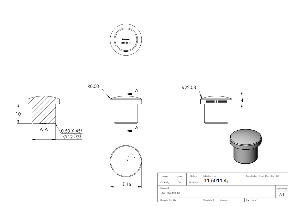 Rohrstopfen fuer Ø 16-0x2-0 mm leicht gewoelbt zum Einkleben V2A-11-5011.4