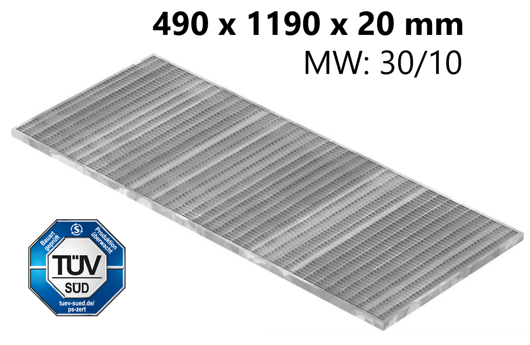 Lichtschachtrost Baunormrost | Maße:  490x1190x20 mm 30/10 mm | aus S235JR (St37-2), im Vollbad feuerverzinkt